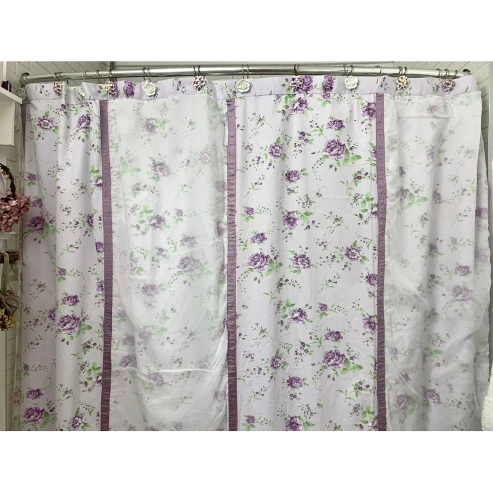 Vintage Country Chic Shower Curtain Swiss Lavender Roses Ribbons 70" X 70”